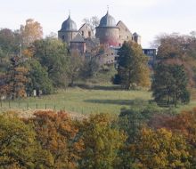 im Hintergrund Schloss Sababurg, im Vordergrund Wiese im Tierpark Sababurg